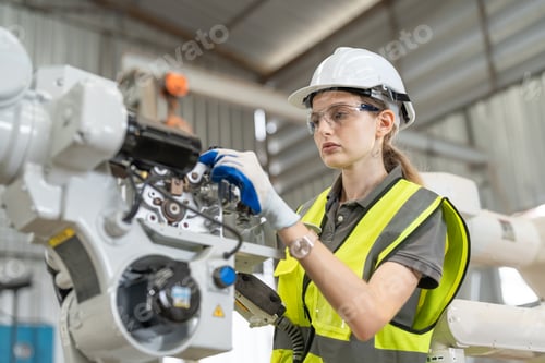 Preview: Female automation engineer using tablet checking robot arm welding machine in an industrial factory