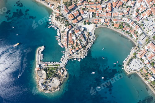 Preview: Datca city beach and marina aerial panoramic view. Marmaris city in Mugla Province, Turkey.