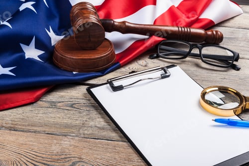 Preview: blank clip board and USA flag on wooden background