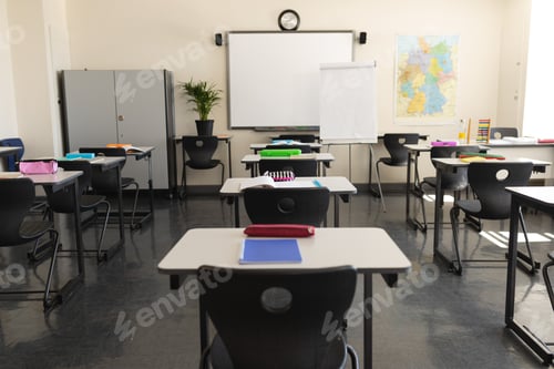 Preview: Classroom with desk and whiteboard in school