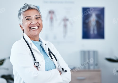 Preview: Happy, portrait and elderly woman doctor proud in hospital, excited and laugh for healthcare innova