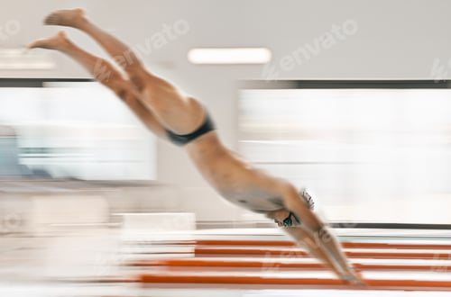 Preview: Swimming, pool and sports man dive into liquid water, cardio training or fast competition, triathlo
