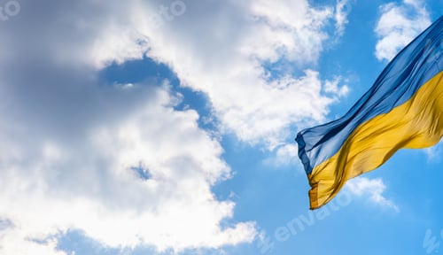 Preview: Flag of Ukraine flutters in blue sky. Large yellow blue Ukrainian national state flag. War