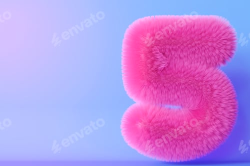 Preview: Playful fluffy number five on gradient background. Symbol 5. Fifth birthday party.