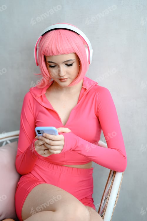 Preview: a girl with pink hair . White headphones are on her head. she listens to modern music