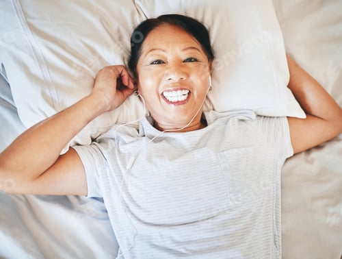 Preview: Bedroom face, music and relax happy woman sleeping, tired or nap for break, morning wellness or str