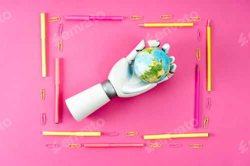 Preview: top view of robotic hand holding earth globe inside of frame made of pencils and markers on pink