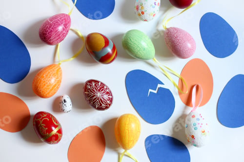 Preview: Colorful Easter eggs on flat lay background