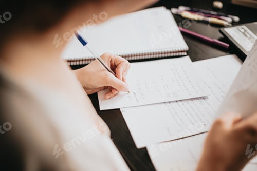 Preview: Close up detail image of a young woman studying and working on his home desk, doing homework