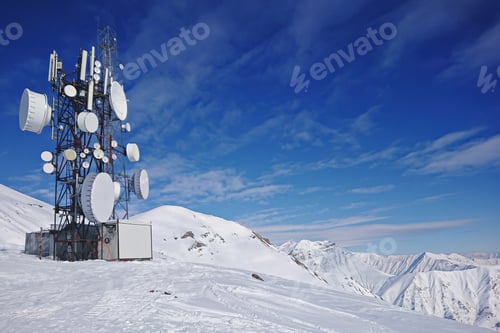 Preview: Radio aerial antenna mast with a lot of satellite dishes, parabolic reflector or dish antennas