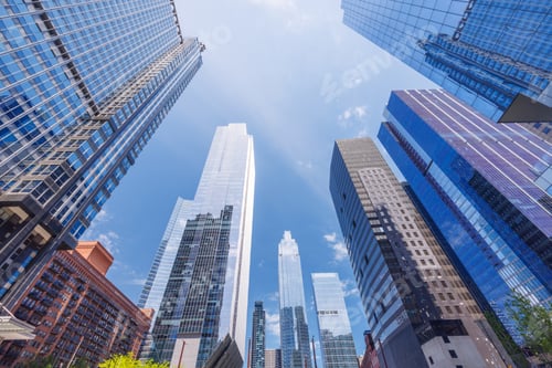 Preview: Vibrant sunny view of Chicago downtown skyline under a blue sky