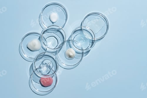 Preview: Many Petri dishes and different cosmetic products samples on blue background, flat lay.