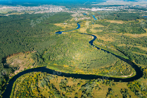 Preview: Aerial View Green Forest Woods And River Landscape In Sunny Summer Day. Top View Of Beautiful