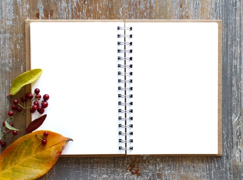 Preview: Autumn background with leaves and open notebook