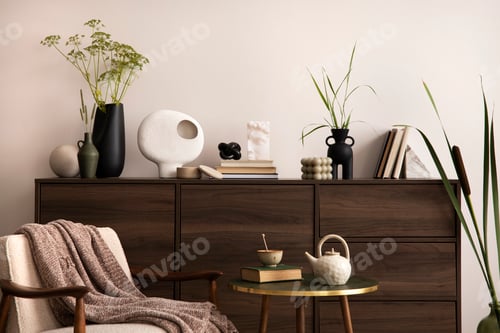 Preview: Contemporary design of living room interior with beige armchair with plaid,