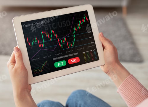Preview: Cropped of woman buying bitcoins while staying at home
