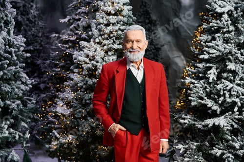Preview: A stylish figure in a red suit surrounded by enchanting snowy Christmas trees