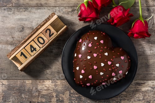 Preview: Heart shaped cake and red roses