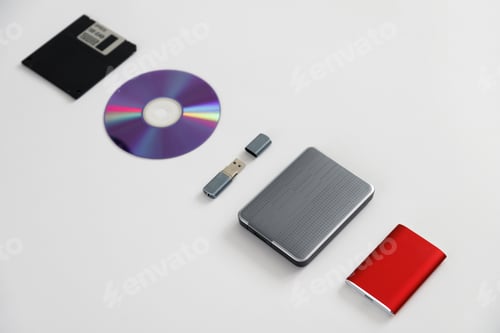 Preview: Set of external Storage media. Storage device evolution. Different data drives from floppy to ssd