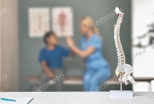 Preview: Anatomical model of spine on therapist's table in doctor's office. Boy patient and physiotherapist