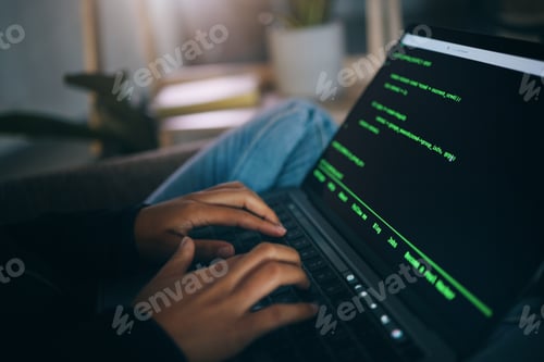 Preview: Developer hands, code overlay and laptop typing with cybersecurity, hacker and data analysis. Perso
