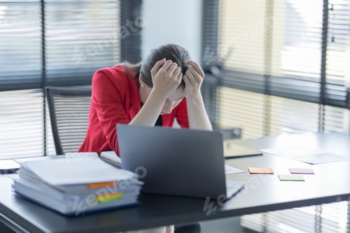 Preview: Portrait of tired american business Asian woman work with documents tax laptop computer in office. S