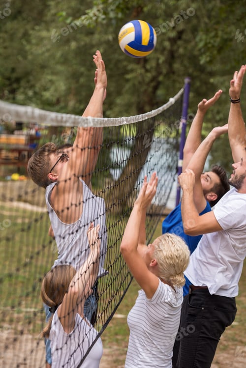 Preview: group of young friends playing Beach volleyball