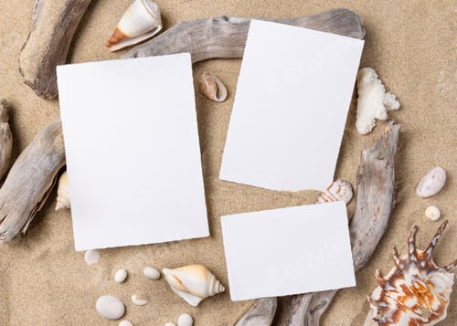 Preview: Wedding invitation card mockup set on sand with seashells and driftwood, beach event design