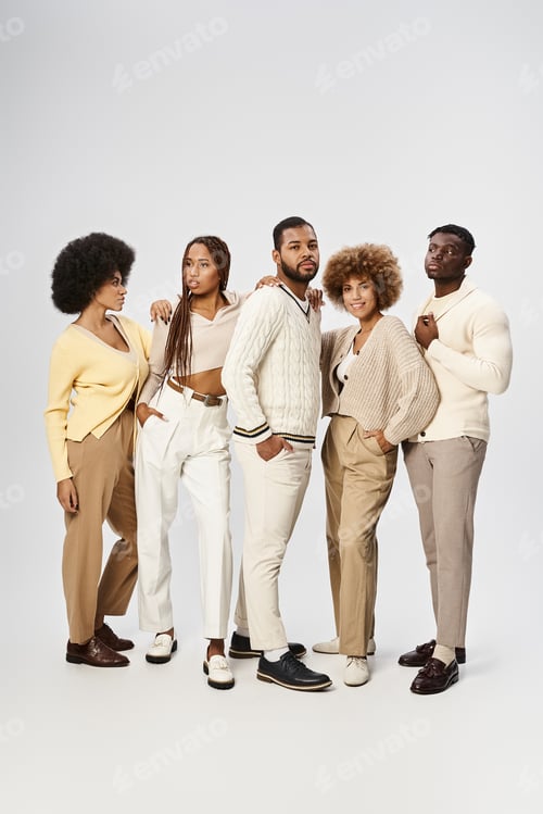 Preview: five african american people in casual outfits standing on grey background, Juneteenth concept