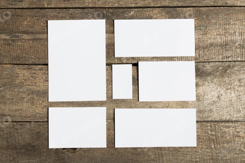 Preview: Collection of blank paper cards arranged on rustic wooden table for creative projects