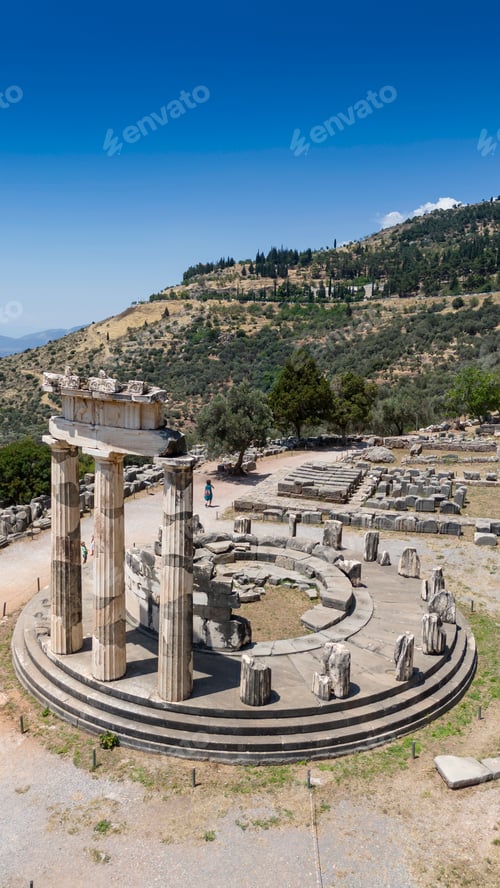 Preview: Aerial bird's eye view photo taken by drone of archaeological site of ancient Delphi.