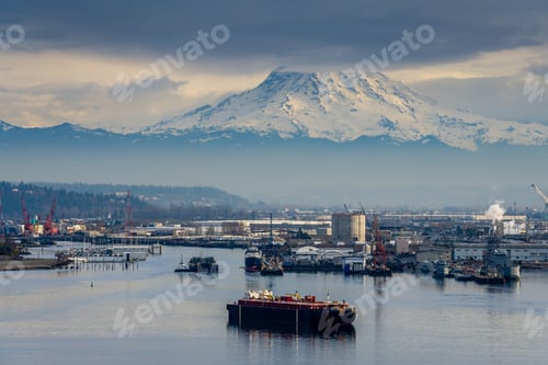 Preview: A View Of The Port Of Tacoma With Mount Rainier Above.