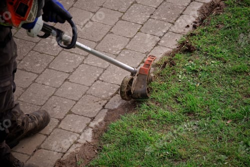 Preview: Worker uses edge trimmer at the pathway