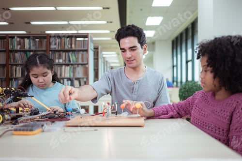 Preview: A teacher guiding students in a robotics project during a STEM class in the library