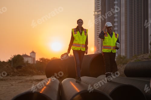 Preview: Construction surveyor or engineer working in pipe construction site