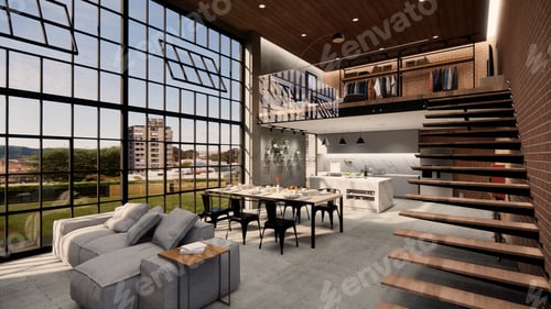 Modern Loft Interior with Large Windows and Open Space