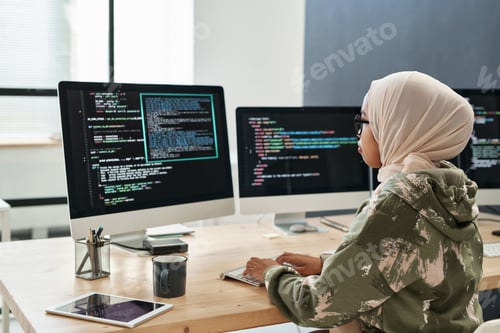 Preview: Side view of young Muslim businesswoman networking in front of computer screen