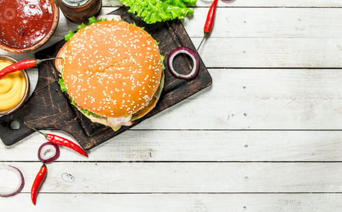 Preview: Fresh burger from beef with cheese and vegetables.