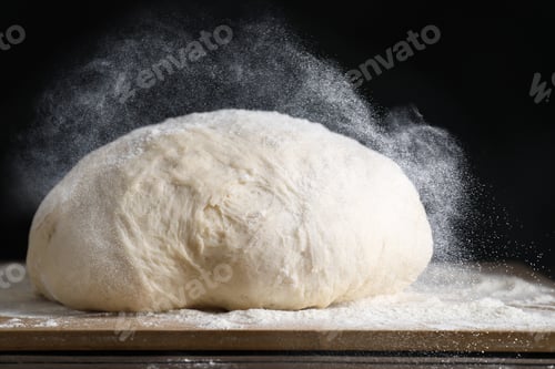 Preview: Sprinkling flour over dough on table, closeup