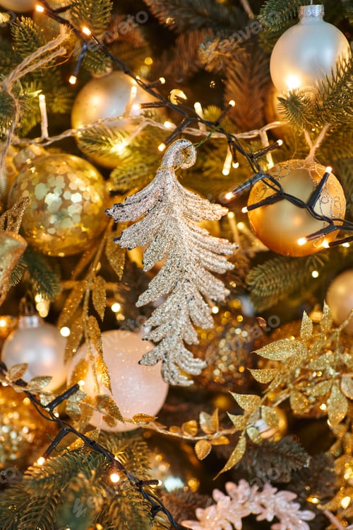 Preview: beautiful New Year tree with golden lights. toys on the Christmas tree close-up. balls and feather