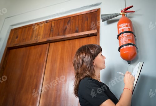 Preview: Young woman fire inspector writes in office