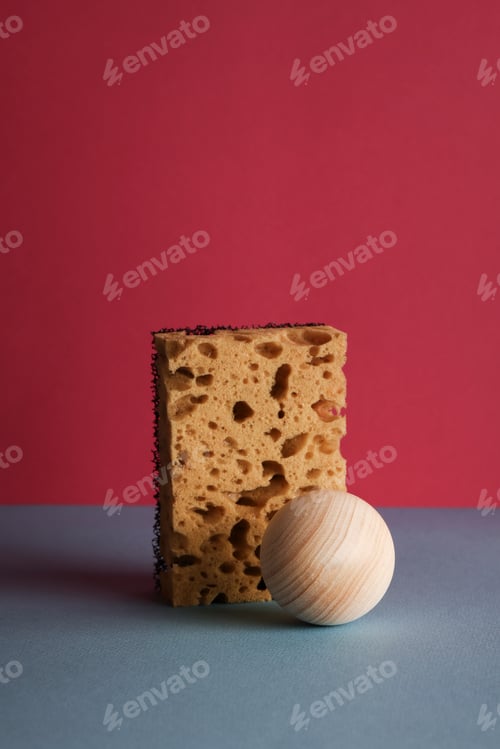 Preview: dimensional compositions of geometric shapes concept. wooden circle with sponge