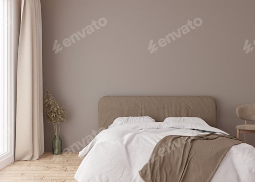 Preview: Empty brown wall in modern bedroom. Mock up interior in scandinavian, boho style.