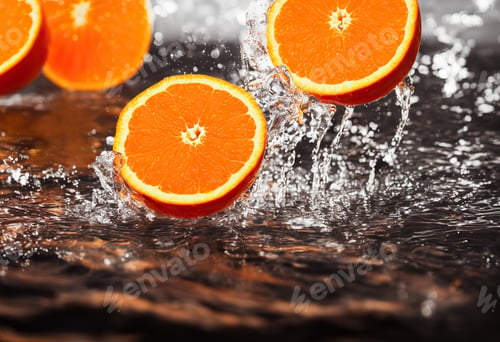 Preview: Freeze motion of sliced oranges in water splash.