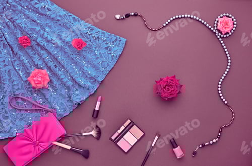 Preview: Fashion Items and Makeup on Purple Background