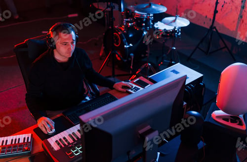 Preview: Young soung engineer working and mixing music indoors in the studio