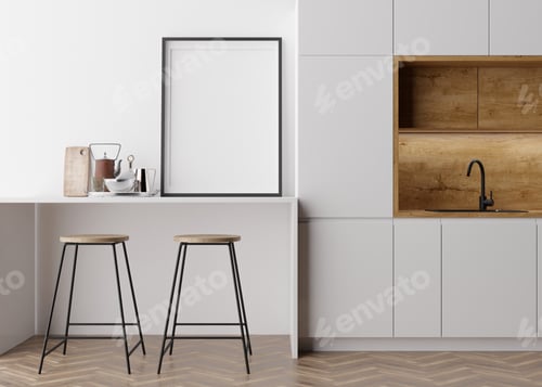 Preview: Empty vertical picture frame standing in modern kitchen. Mock up interior