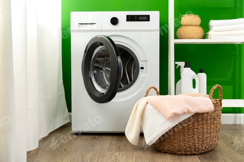 Preview: Close up of washing machine in a laundry room