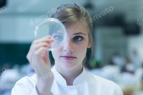 Preview: Young female natural scientist watching bacteria culture in petri dish at microbiology laboratory