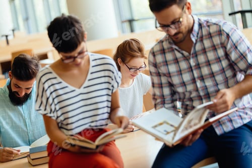 Preview: Students preparing together the examinations in a modern library